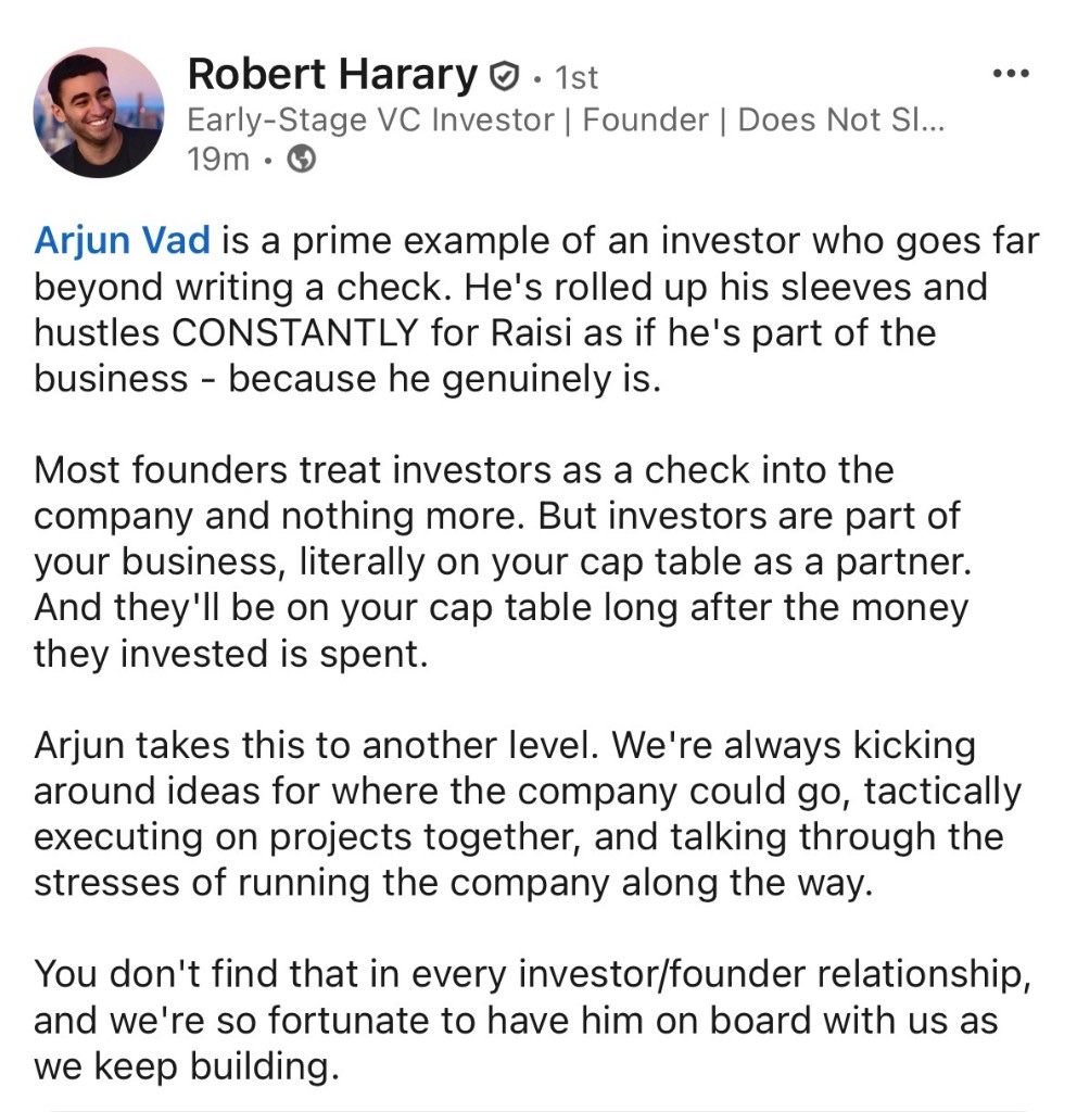 Robert Harary's LinkedIn post about working with Arjun Vad, August 2026